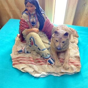 Native American Figurine with Wolf - Multicolor
